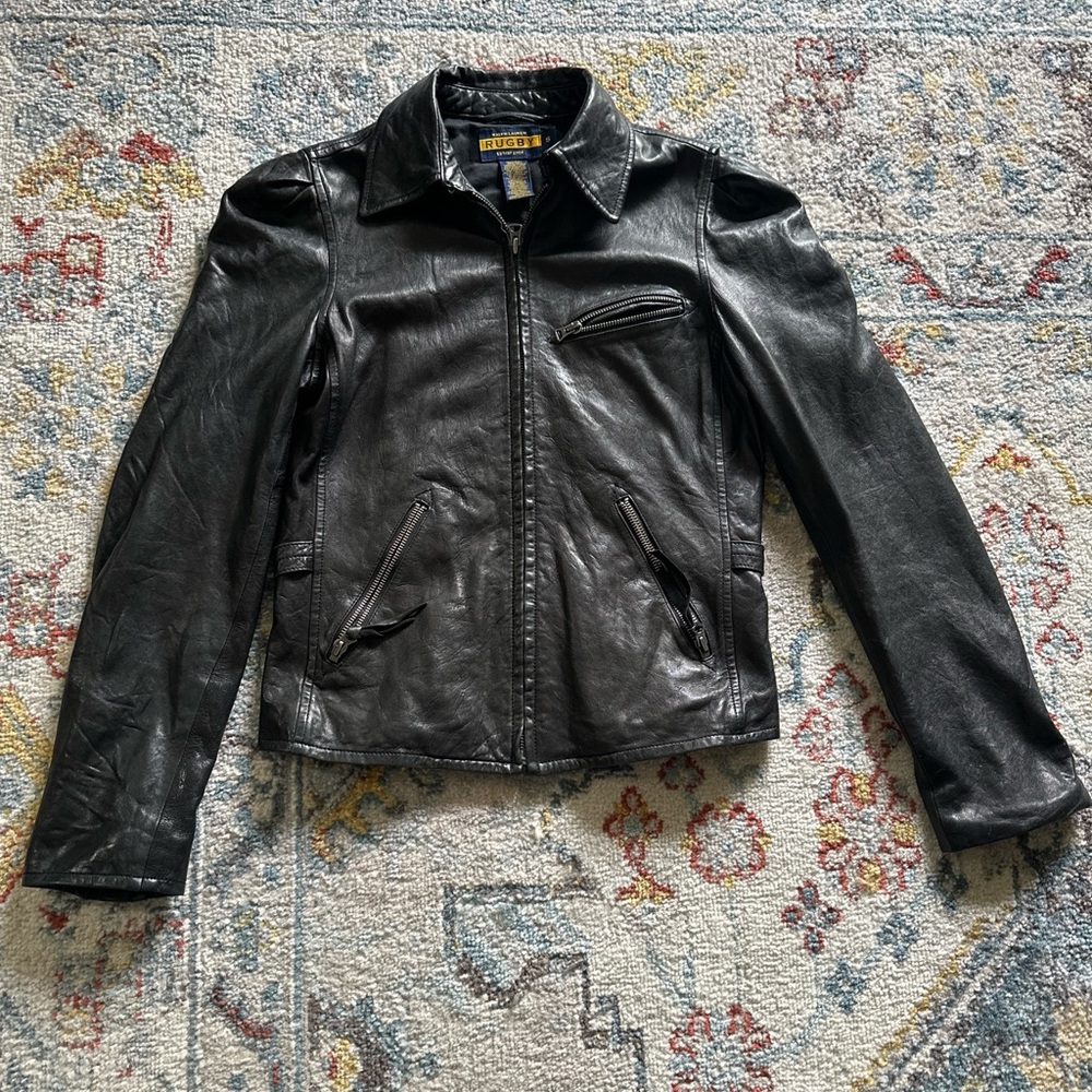 00s Ralph Lauren Rugby Faded Black Leather Biker Jacket - S 100% Lambskin